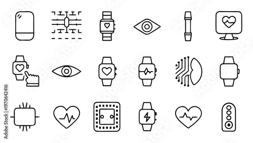 A collection of forty-five linear icons representing physiological data tracking and biofeedback metrics via wearable technology devices.