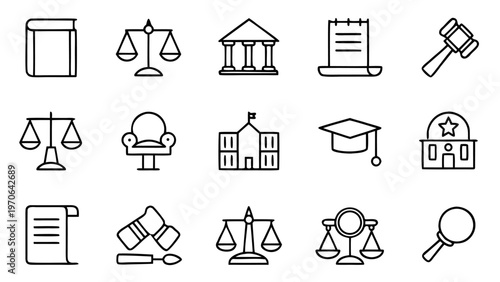 Fifteen white outline icons showing law enforcement tools and criminal justice symbols are organized in rows on a solid black background.