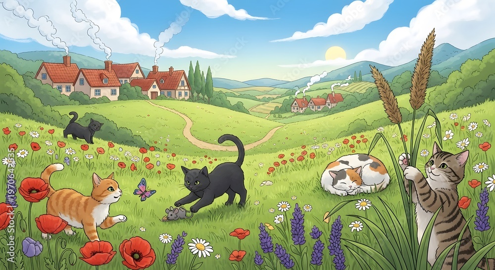 Naklejka premium Whimsical Pixel Art Illustration of Cats Playing in a Vibrant Flower Meadow with a Charming Village Background