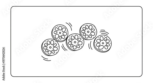 Abstract illustration of five spinning lotus root slices with motion lines, black and white