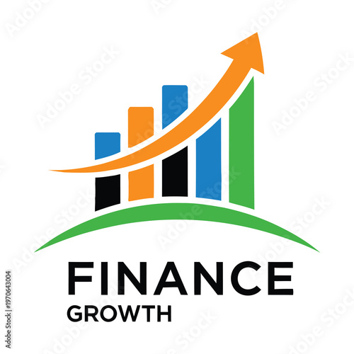 Finance growth concept with colorful bar chart and rising arrow icon