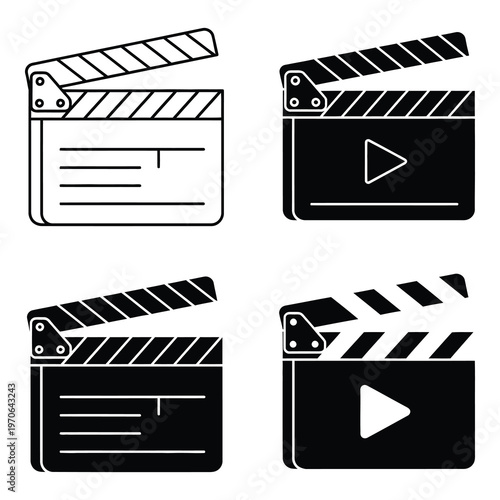 Four black and white movie clapper board icons for film production and video editing icon