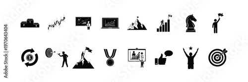 Collection of business and success icons in black silhouette, representing goals, achievements and growth.