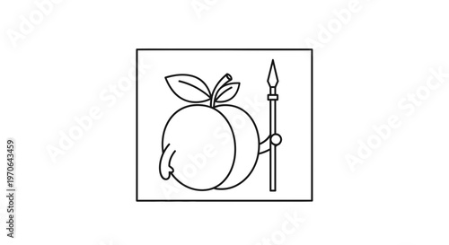 Anthropomorphic Peach Character Holding a Spear, Line Art Illustration