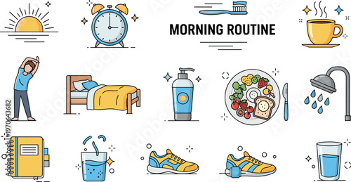 Morning Routine Vector Set with Alarm Clock, Breakfast, Shower, Water, and Exercise Icons