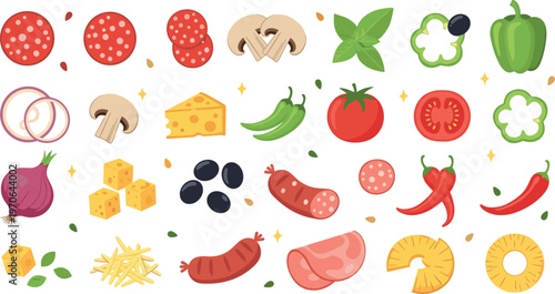 Pizza Ingredients Vector Set with Cheese, Pepperoni, Vegetables, Sausage, and Pineapple