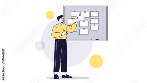 Man presenting ideas on a whiteboard with sticky notes, business strategy concept