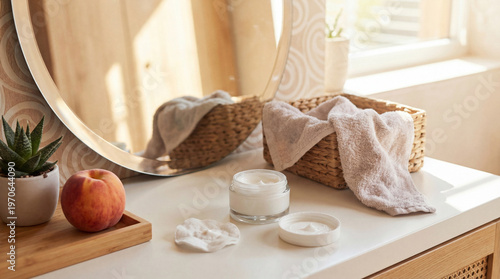 Cuadro en lienzo Skincare routine essentials displayed on a vanity counter with natural light, promoting beauty and self-care practices