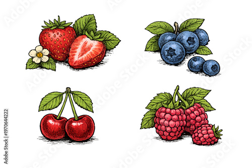 A cute and textured collection of hand-drawn summer berries including strawberries cherries blueberries and raspberries for healthy designs.