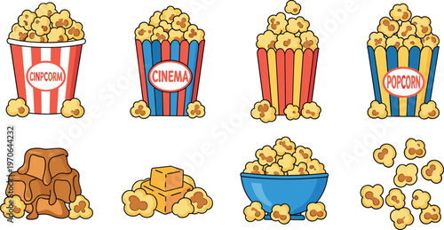Popcorn Vector Set with Cinema Buckets, Snack Bowls, Spilled Corn, and Caramel Popcorn for Movie Night and Food Illustration Design