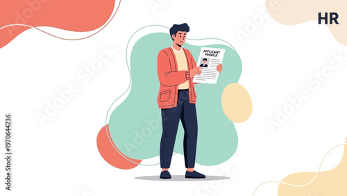 Man holding applicant profile, HR concept, recruitment, job application, employment