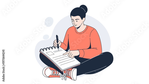 Young woman writing in notebook, sitting cross-legged, focused on task