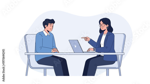 Job Interview: Woman interviewer points at laptop screen to male candidate