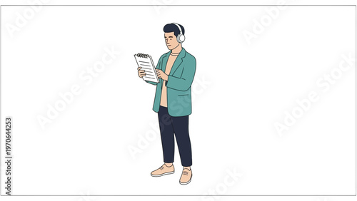 Man with headphones reading document, focused on work or study