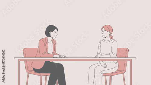Two women in a meeting, discussing business at a table, minimalist illustration