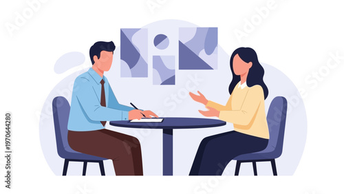 Business meeting, job interview, or consultation between two professionals at a table.