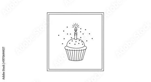 Simple line drawing of a cupcake with a lit candle and sparkling stars