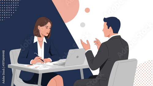 Business meeting: woman interviewer and man candidate at desk with laptop