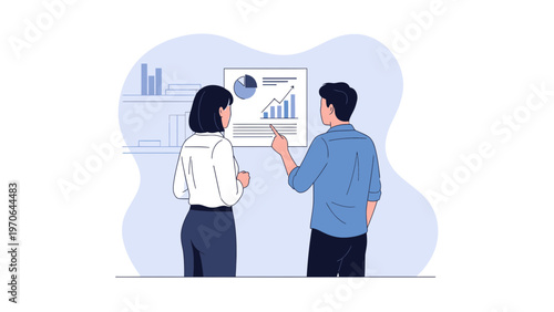 Business meeting: two colleagues analyzing financial charts on a whiteboard