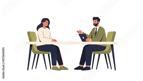 Job Interview: Woman Anxiously Meets Man in Suit with Tablet