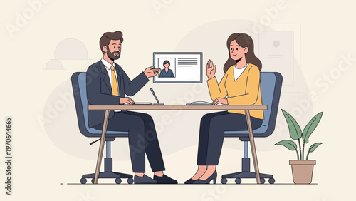 Job Interview: Man interviews Woman, discussing resume on computer screen