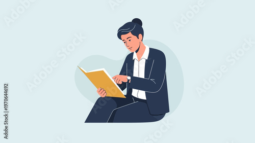 Young professional reading a book, focused on learning and knowledge