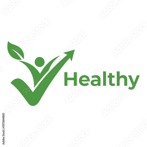 Green healthy lifestyle symbol with checkmark and leaf  wellness concept icon
