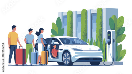 Family with luggage at an electric car charging station near a building