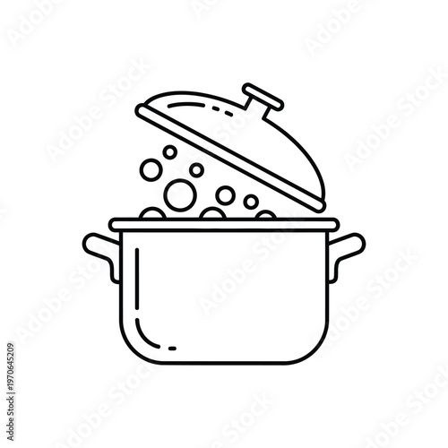 Cooking pot with bubbles and open lid line art icon representing boiling water or hot soup preparation in professional kitchen cookware for culinary recipes and household cooking concepts.