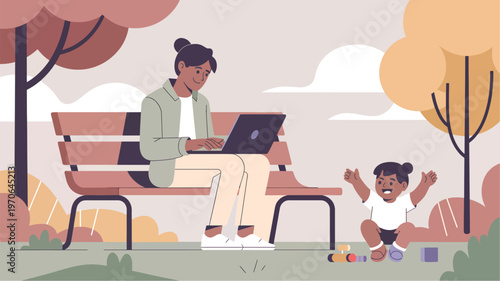 A woman working on a laptop on a park bench with a child playing nearby