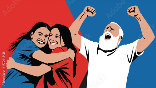 Two women hugging and a man cheering with raised fists, embracing happiness