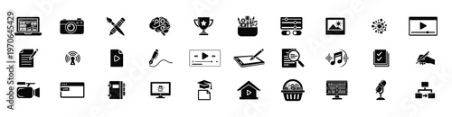 Creative media and content production icons set including laptop camera video player pencil brush brain trophy folder microphone website editor live stream chart photography illustration.