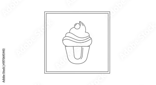 Simple line art icon of a cupcake with frosting and a cherry on top, isolated on white background.