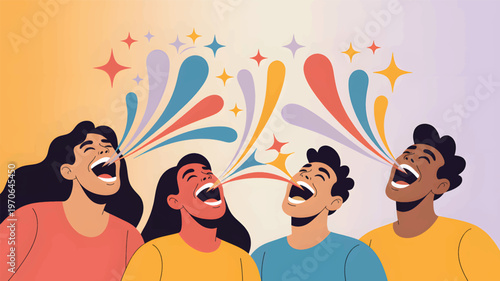 Four diverse people shouting with colorful bursts and stars, four people yelling, screaming