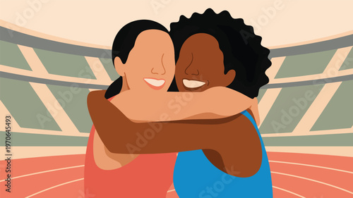 Two women hugging in a stadium with an abstract background, friendship sports