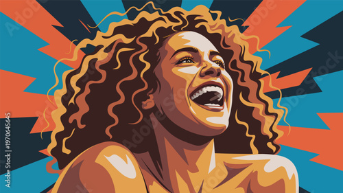 Woman screaming with curly hair and colorful background, pop portrait