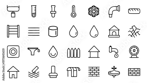 Sixty white outline icons featuring plumbing infrastructure components like pipes and valves are displayed in a clean grid on a black canvas.