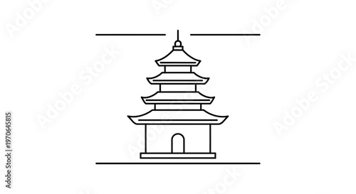 Pagoda Architecture Icon, Traditional Asian Temple Building, Minimalist Line Art