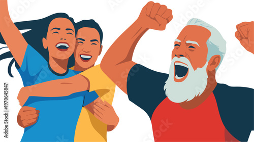 Three people, cheering and celebrating with fists raised, adults, seniors, and teenagers