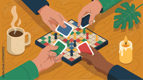 People playing a board game with cards and pieces on a wooden table with a coffee candle and a plant, hands