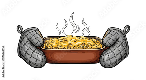 cartoon hands in oven mitts holding hot macaroni bake dish