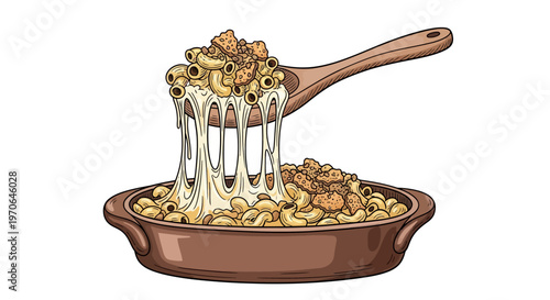 Illustration of melted cheese being poured over macaroni in a brown ceramic dish with a wooden spoon