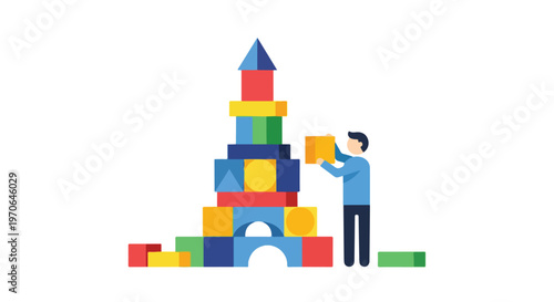 A man is carefully stacking colorful toy blocks of various shapes and sizes to build a tall, creative structure against a white background.