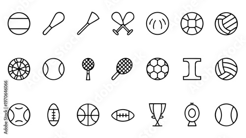 The second part of a sports equipment icon series displays sixty white linear outline graphics of diverse athletic gear and accessories on a dark black surface.