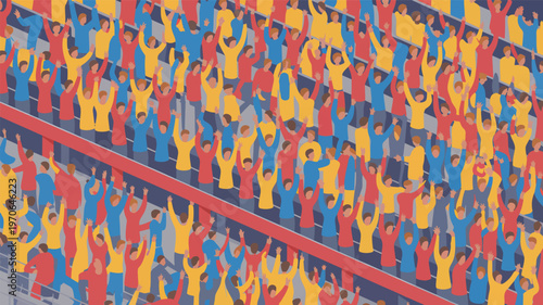 A crowd of people in bleachers is cheering with raised hands