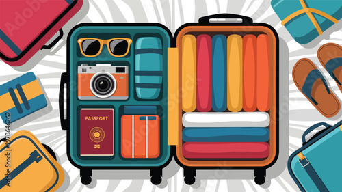Open the suitcase with travel essentials and clothing, luggage packing clothes