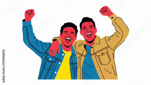 Two men celebrating with fists raised, smiling friends in celebration