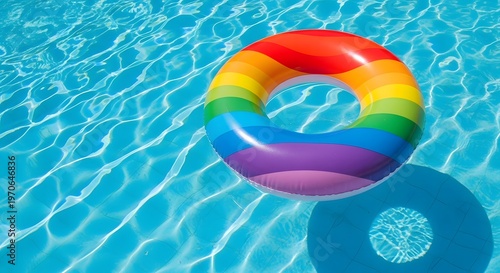 Vibrant rainbow inflatable ring floating serenely on the surface of a sparkling, sun-drenched swimming pool, its colorful design reflecting the joy and freedom of summer vacation, perfect for poolside