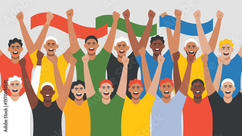 A diverse group of people celebrating with raised fists and colorful ribbons celebration