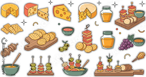 Cheese platter appetizer stickers set cartoon snack board food collection crackers olives honey tapas vector illustration